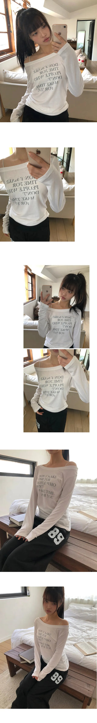 Dokken Lettering See-through Off-shoulder Long Sleeve T-shirt