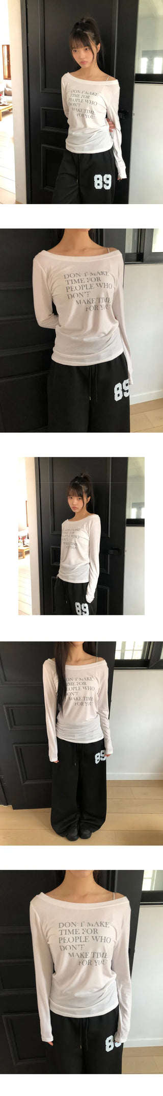 Dokken Lettering See-through Off-shoulder Long Sleeve T-shirt