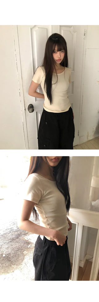 Mojou U-neck Slim Round Short Sleeve T-shirt