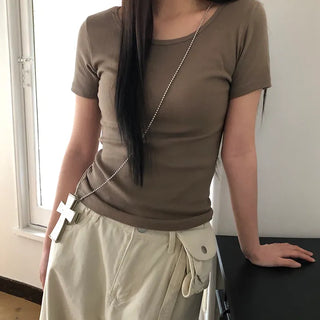 Mojou U-neck Slim Round Short Sleeve T-shirt