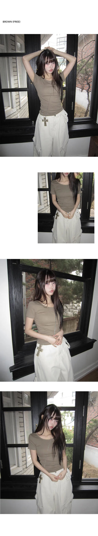 Mojou U-neck Slim Round Short Sleeve T-shirt