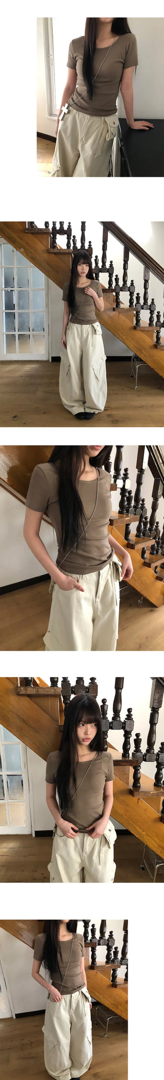 Mojou U-neck Slim Round Short Sleeve T-shirt