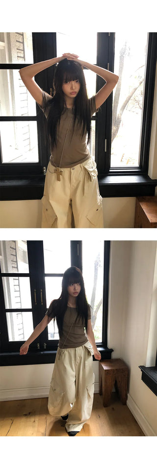 Mojou U-neck Slim Round Short Sleeve T-shirt