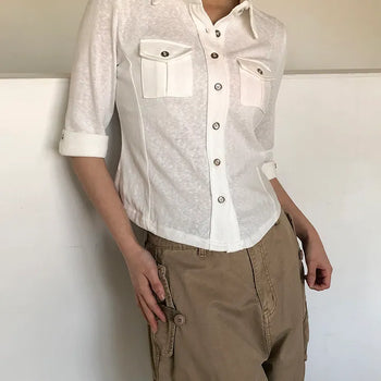 Daen Pocket Button Collar 3/4 Sleeve T-shirt