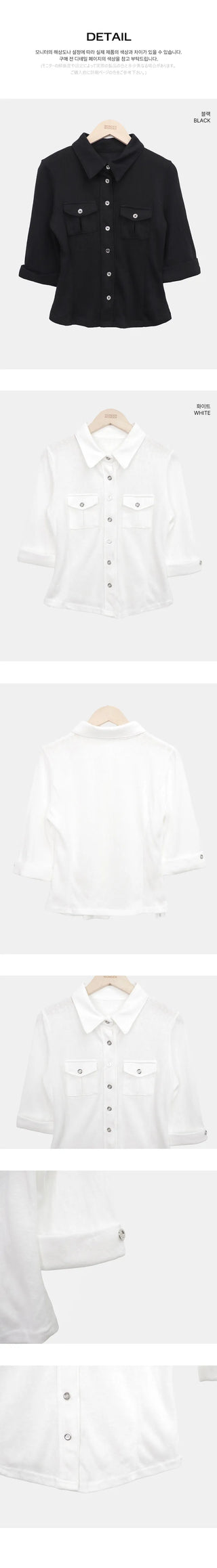 Daen Pocket Button Collar 3/4 Sleeve T-shirt