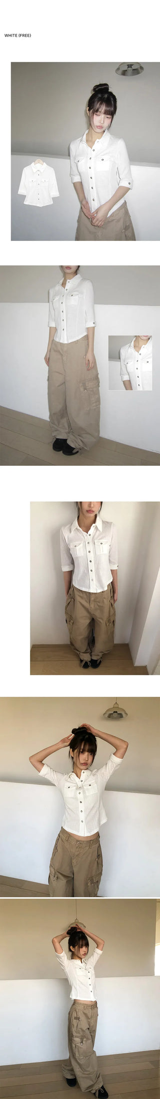 Daen Pocket Button Collar 3/4 Sleeve T-shirt