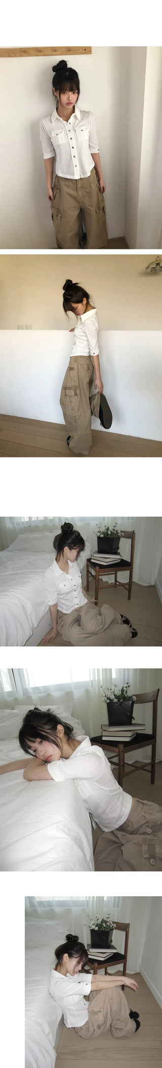 Daen Pocket Button Collar 3/4 Sleeve T-shirt