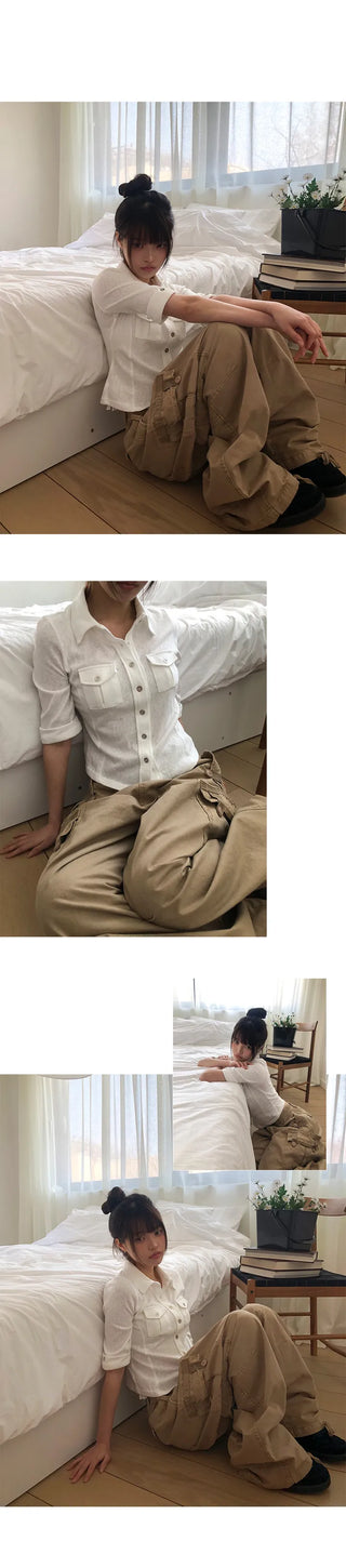 Daen Pocket Button Collar 3/4 Sleeve T-shirt