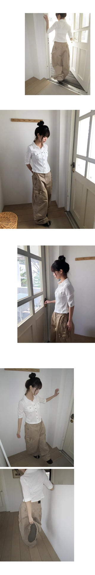 Daen Pocket Button Collar 3/4 Sleeve T-shirt