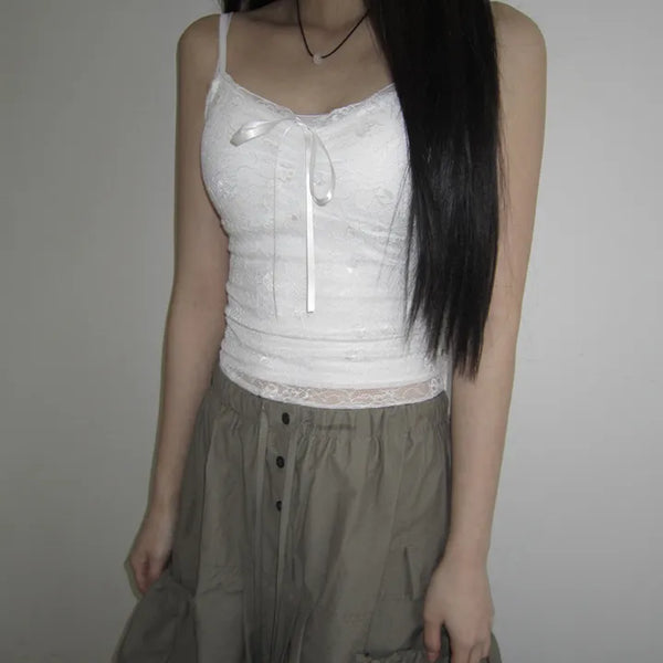 Deena Lace Ribbon Adjustable Cap Sleeveless Top