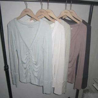 HIR Sleeve Button Shirred V-Neck Cardigan