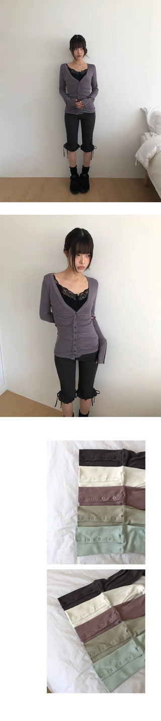 HIR Sleeve Button Shirred V-Neck Cardigan