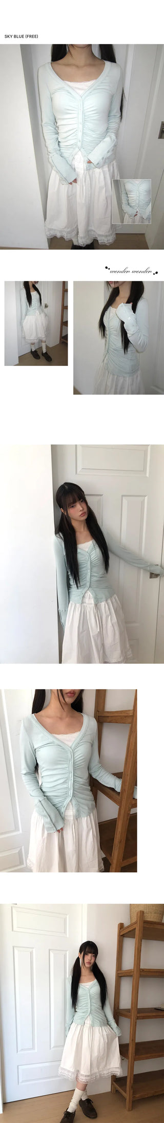 HIR Sleeve Button Shirred V-Neck Cardigan