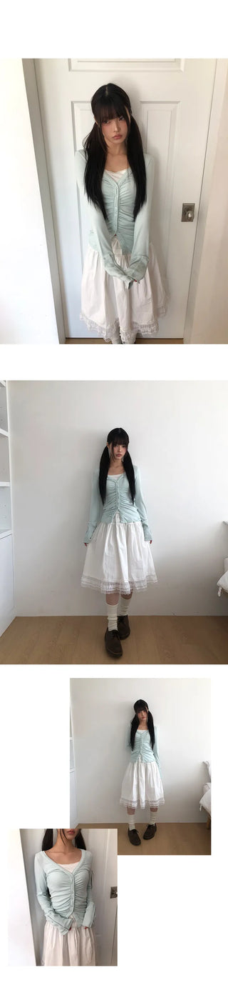 HIR Sleeve Button Shirred V-Neck Cardigan