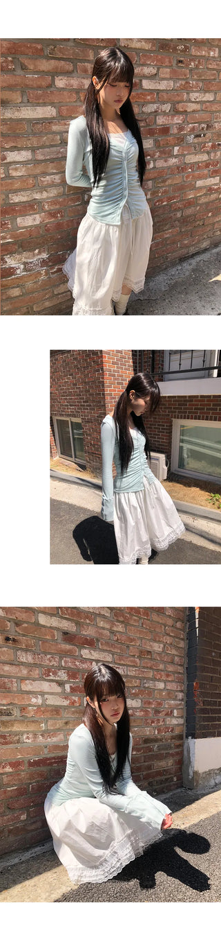 HIR Sleeve Button Shirred V-Neck Cardigan