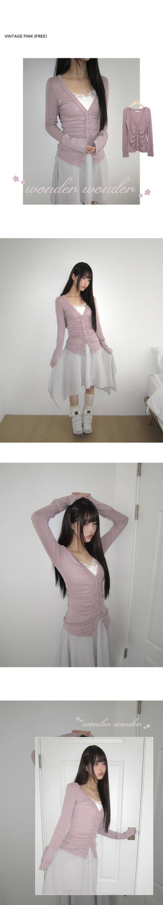 HIR Sleeve Button Shirred V-Neck Cardigan