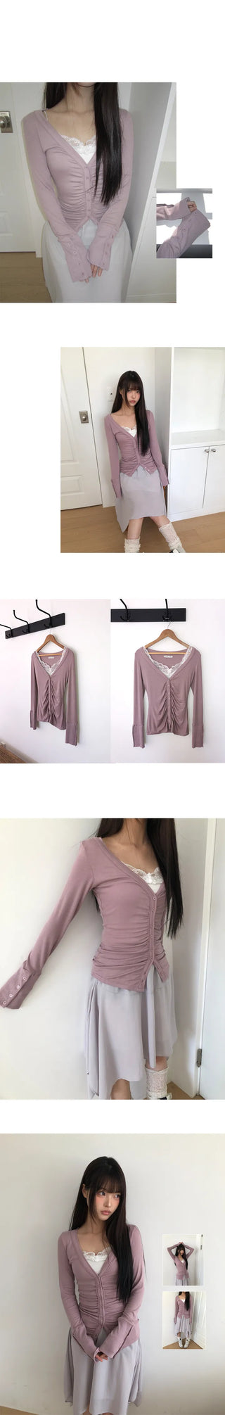 HIR Sleeve Button Shirred V-Neck Cardigan