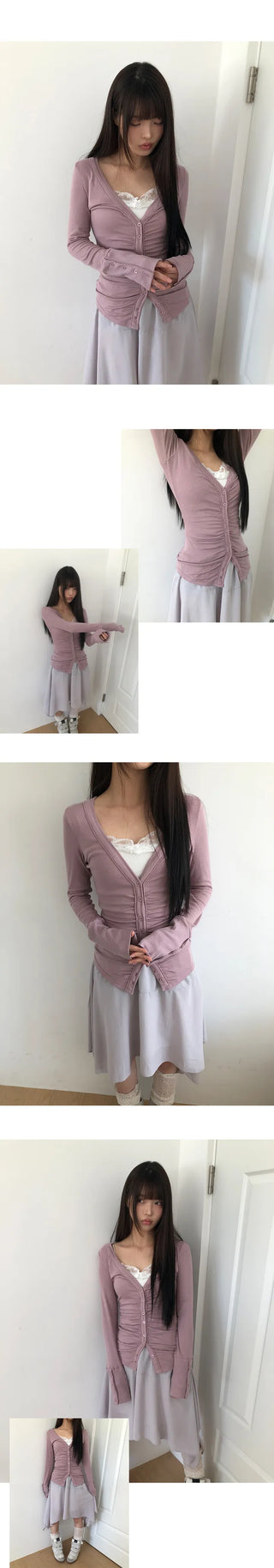 HIR Sleeve Button Shirred V-Neck Cardigan