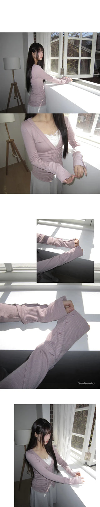 HIR Sleeve Button Shirred V-Neck Cardigan