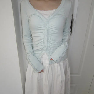 HIR Sleeve Button Shirred V-Neck Cardigan