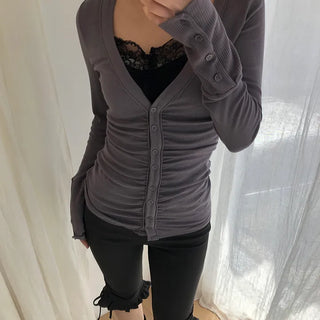 HIR Sleeve Button Shirred V-Neck Cardigan