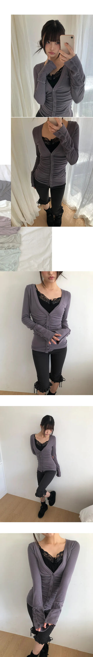 HIR Sleeve Button Shirred V-Neck Cardigan