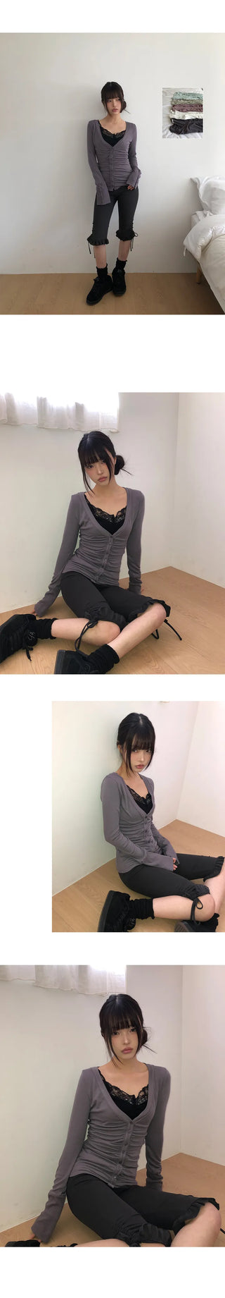 HIR Sleeve Button Shirred V-Neck Cardigan