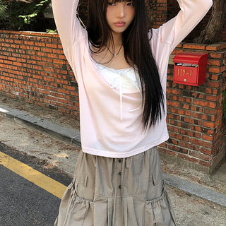 Tenver V-neck Lace Long Sleeve T-shirt