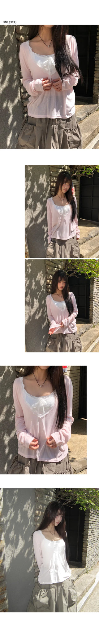 Tenver V-neck Lace Long Sleeve T-shirt