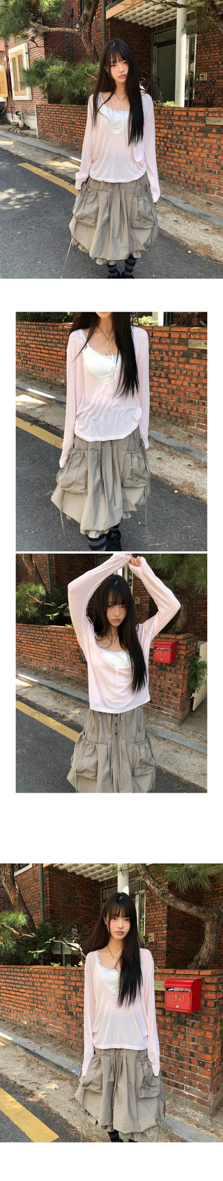 Tenver V-neck Lace Long Sleeve T-shirt