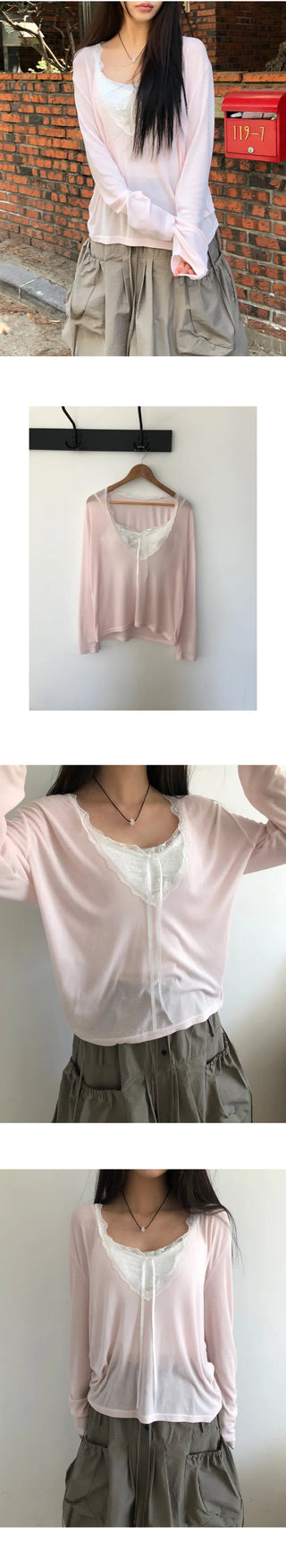 Tenver V-neck Lace Long Sleeve T-shirt