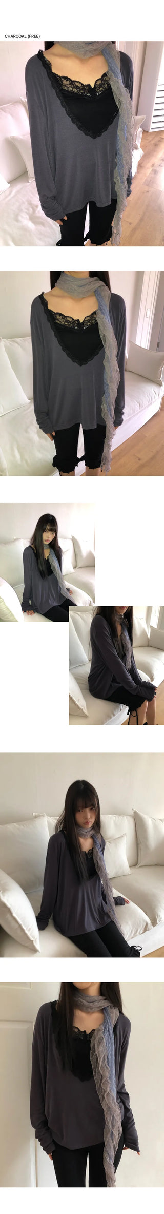 Tenver V-neck Lace Long Sleeve T-shirt