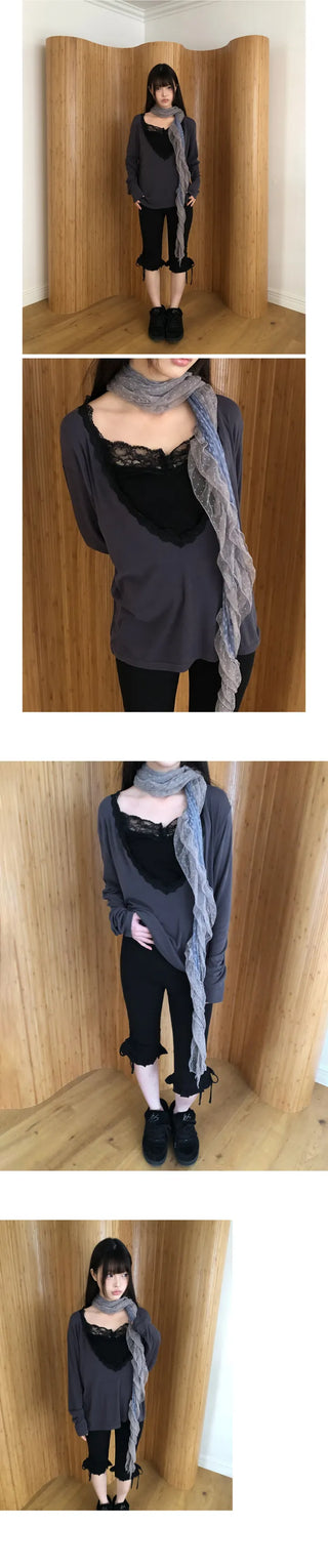 Tenver V-neck Lace Long Sleeve T-shirt