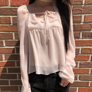 Hassen Ribbon Halterneck Puff Blouse Set