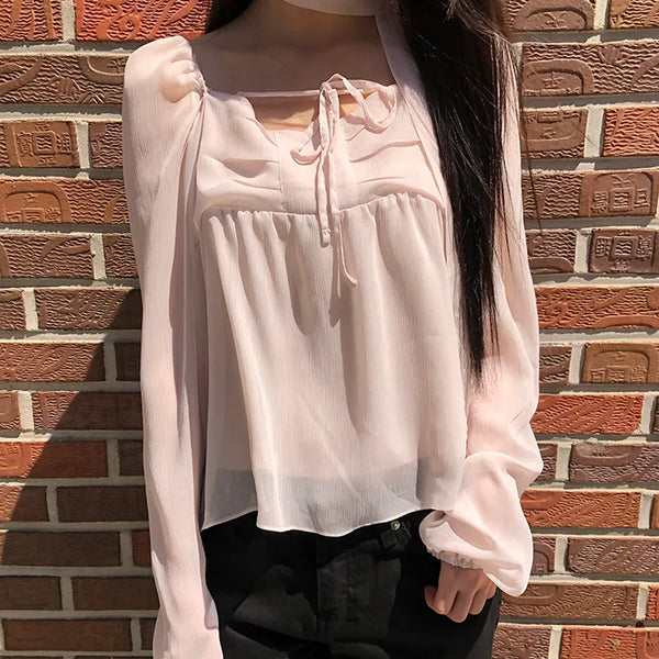 Hassen Ribbon Halterneck Puff Blouse Set