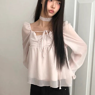 Hassen Ribbon Halterneck Puff Blouse Set