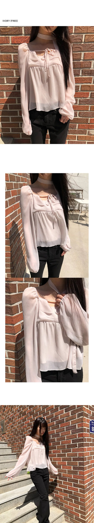 Hassen Ribbon Halterneck Puff Blouse Set