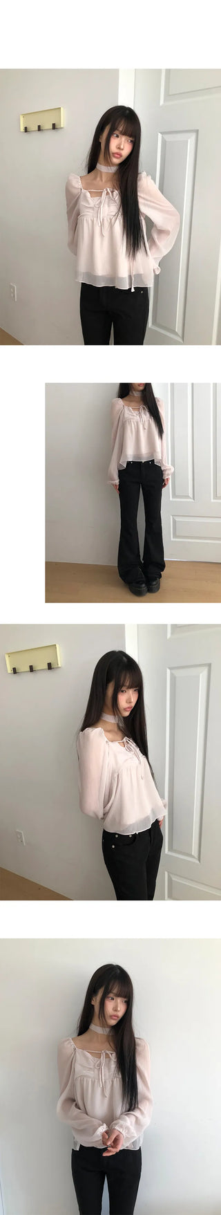 Hassen Ribbon Halterneck Puff Blouse Set