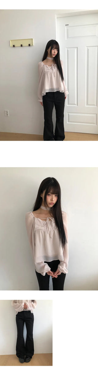 Hassen Ribbon Halterneck Puff Blouse Set