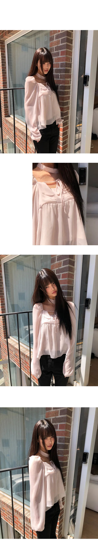 Hassen Ribbon Halterneck Puff Blouse Set