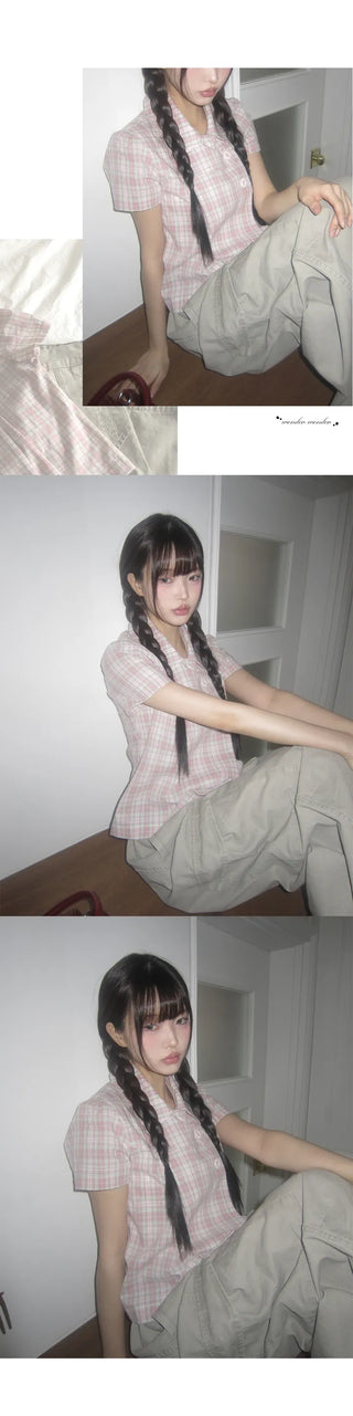 Yuwa Round Collar Check Short Sleeve Blouse