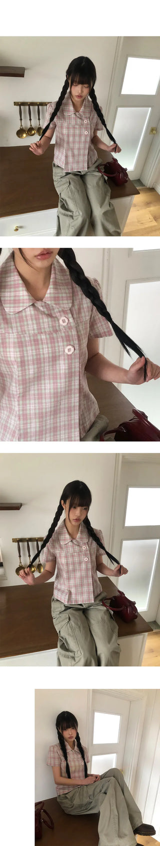 Yuwa Round Collar Check Short Sleeve Blouse