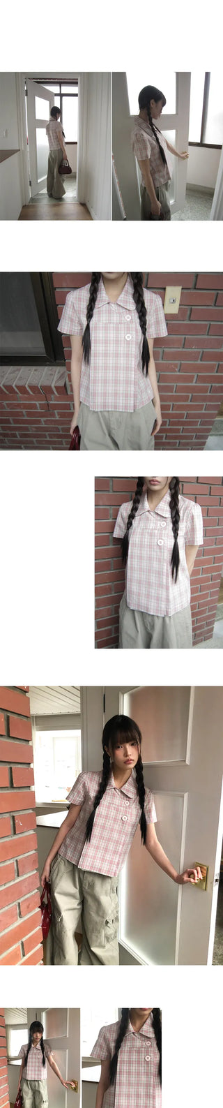 Yuwa Round Collar Check Short Sleeve Blouse