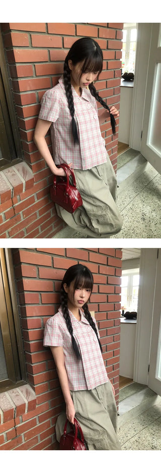 Yuwa Round Collar Check Short Sleeve Blouse