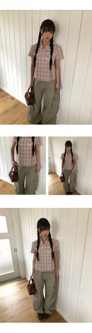 Yuwa Round Collar Check Short Sleeve Blouse