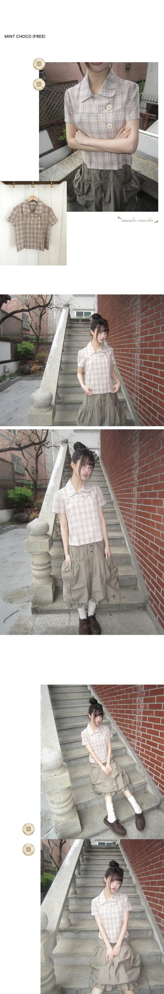 Yuwa Round Collar Check Short Sleeve Blouse