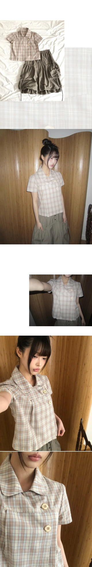 Yuwa Round Collar Check Short Sleeve Blouse