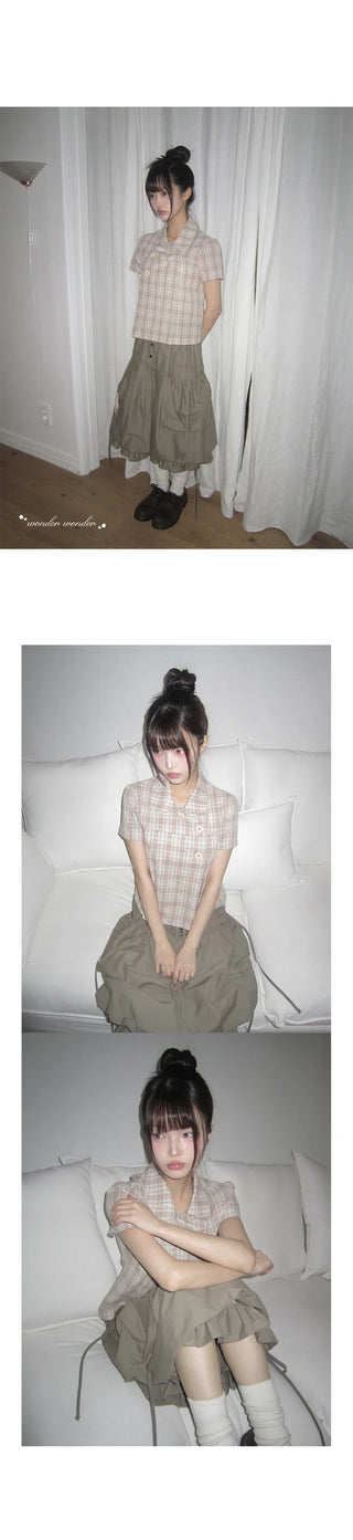 Yuwa Round Collar Check Short Sleeve Blouse