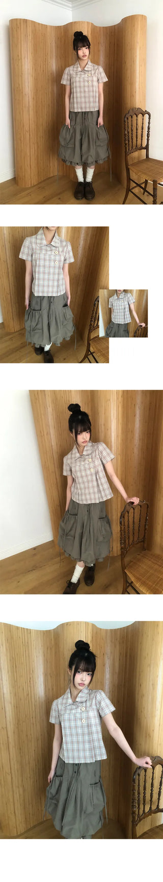 Yuwa Round Collar Check Short Sleeve Blouse