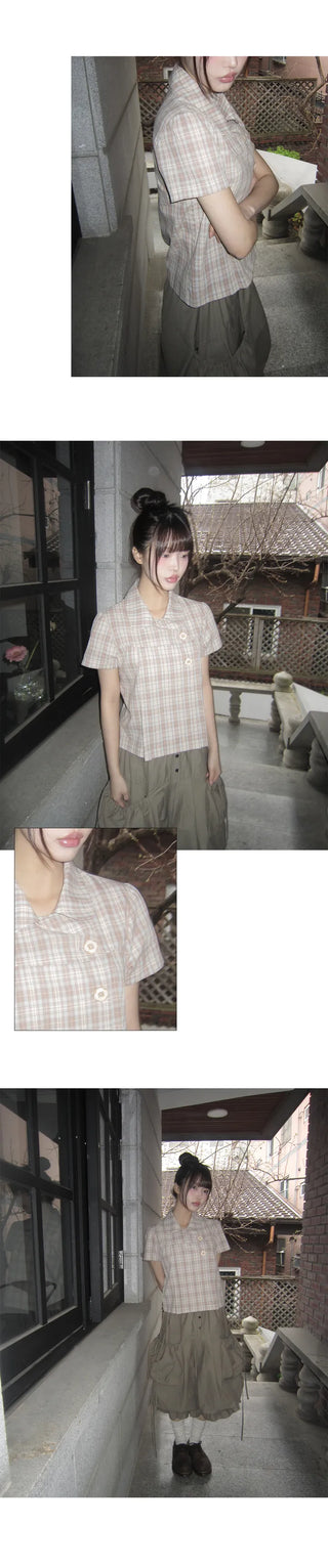 Yuwa Round Collar Check Short Sleeve Blouse